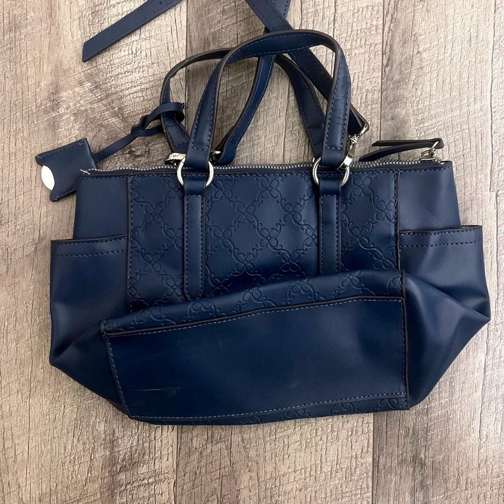 Nine West Navy Blue Embossed Logo Satchel‎ Crossbody Bag Silver Hardware
